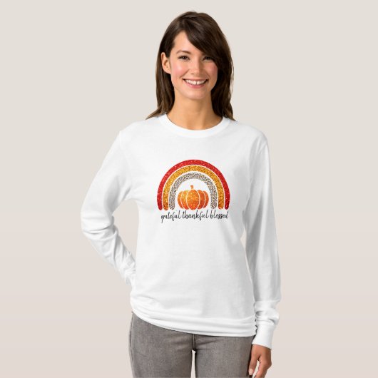 Dankbare, dank, gezegende Thanksgiving pompoen T-shirt (Voorkant volledig)