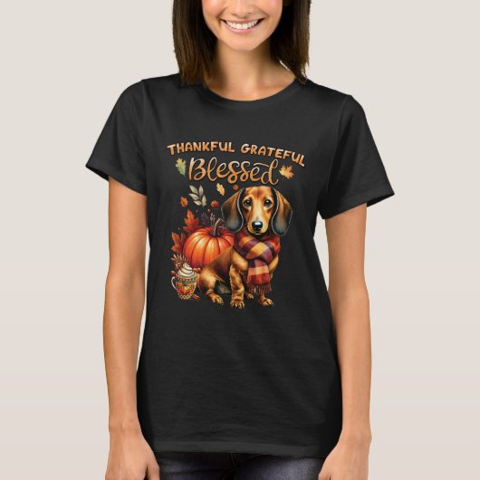 Dankbare Dankbare Gezegende Teckel Hond Herfst Y'a T-shirt (Voorkant)