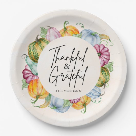 Dankbare & Dankbare Waterverf Pompoen Herfst Papieren Bordje (Voorkant)