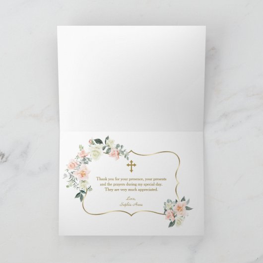 Dankbare Doop Blozend Witte Bloemen Gouden Meisje Bedankkaart (Binnen)