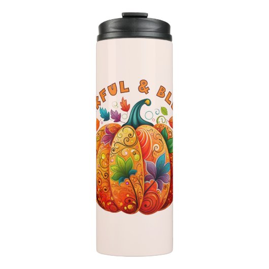 Dankbare en Gezegende Herfst Pompoen Thermosbeker (Voorkant)