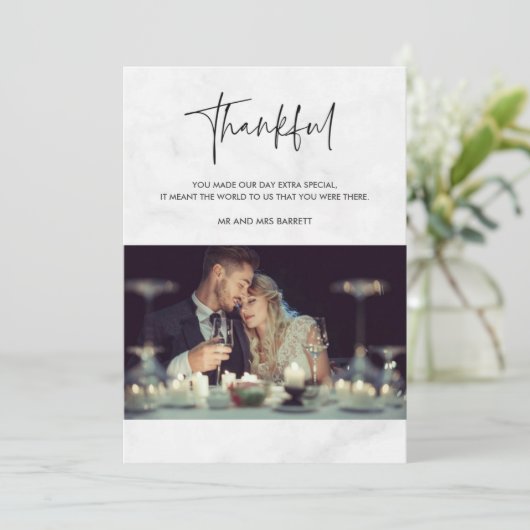 Dankbare Foto Grijs Marmeren Trouwen Dank u kaart (Staand voorkant)
