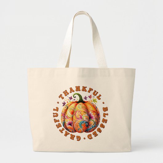 Dankbare, gezegende, dankbare bloemenpompoen grote tote bag (Voorkant)