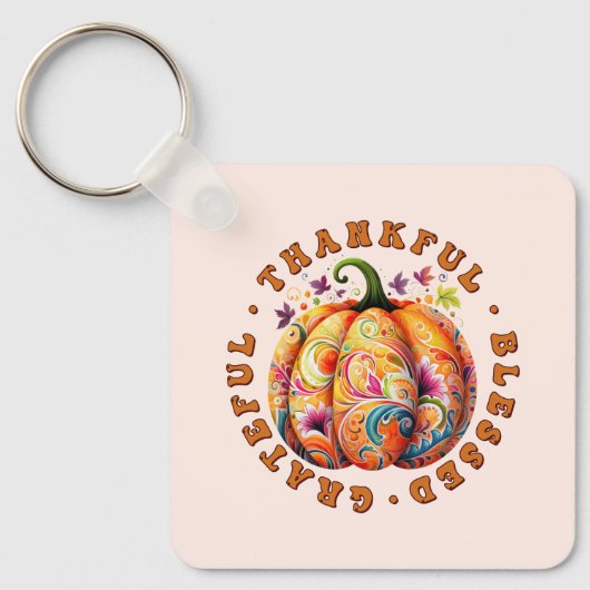 Dankbare, gezegende, dankbare bloemenpompoen sleutelhanger (Voorkant)