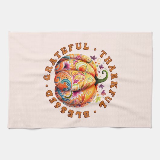 Dankbare, gezegende, dankbare bloemenpompoen theedoek (Horizontaal)