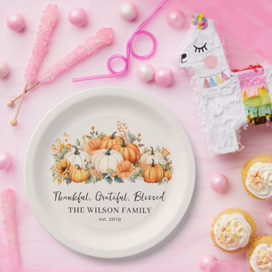 Dankbare Gezegende Herfst Pompoen Familienaam Papieren Bordje (Feest)