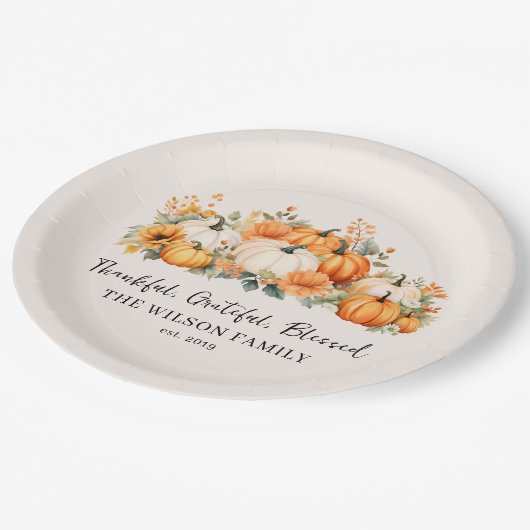 Dankbare Gezegende Herfst Pompoen Familienaam Papieren Bordje (Gekanteld)