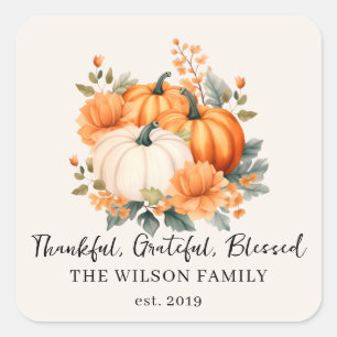 Dankbare Gezegende Herfst Pompoen Familienaam Vierkante Sticker