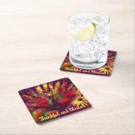 Dankbare Gezegende Thanksgiving Turkije Bloemenroo Kartonnen Onderzetters