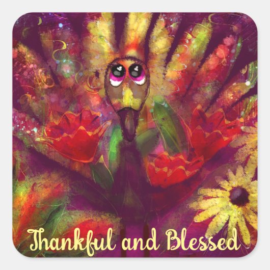 Dankbare Gezegende Thanksgiving Turkije Bloemenroo Vierkante Sticker (Voorkant)