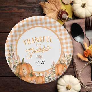 Dankbare Grote Pompoenen Gingham Thanksgiving Papieren Bordje