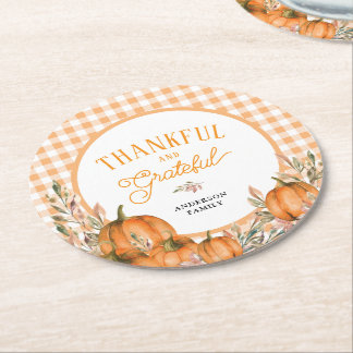 Dankbare Grote Pompoenen Gingham Thanksgiving Ronde Kartonnen Onderzetter