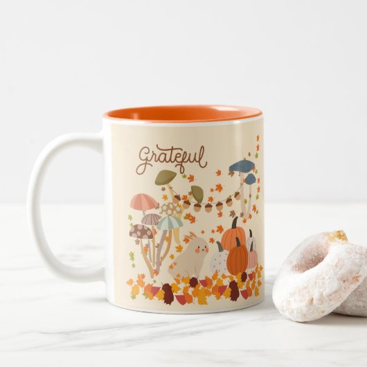 Dankbare Herfst Konijn Tweekleurige Koffiemok (Met donut)