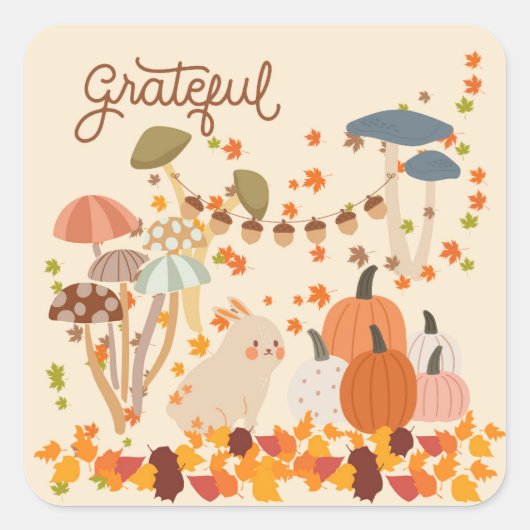 Dankbare Herfst Konijn Vierkante Sticker (Voorkant)