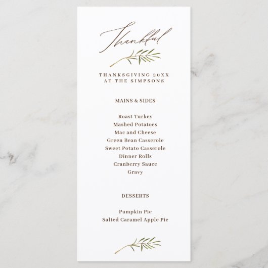 Dankbare kalligrafie & bladeren Thanksgiving Menu (Voorkant)