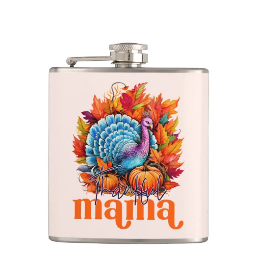 Dankbare Mama Turkije en herfst bladeren gebladert Heupfles (Voorkant)