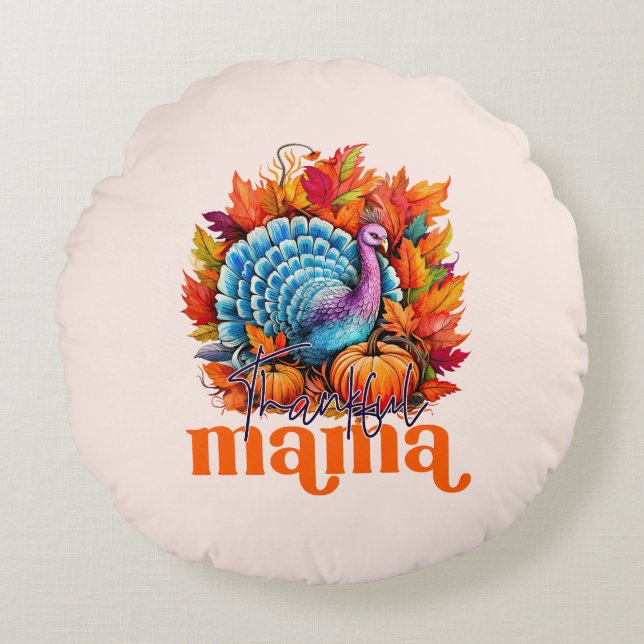 Dankbare Mama Turkije en herfst bladeren gebladert Rond Kussen (Voorkant)