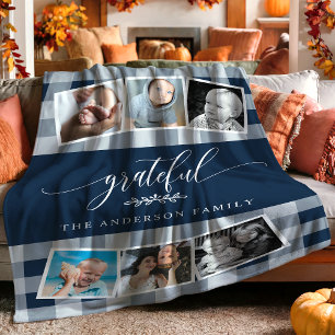Dankbare Marine Plaid Herfst Familie 6 Foto Collag Fleece Deken
