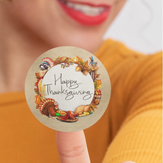 Dankbare oogst Herfstbladeren Krans Dieren Ronde Sticker