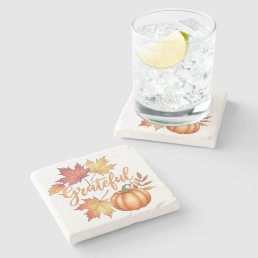 Dankbare pompoen en herfstbladeren stenen onderzetter (Zijkant)