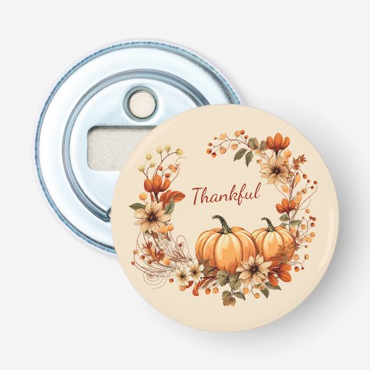 Dankbare pompoen en herfstbloemen krans button flesopener (Voorkant)