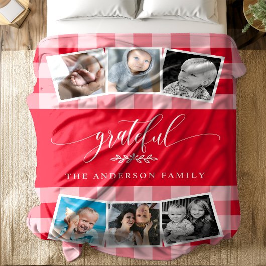 Dankbare Rode Plaid Herfst Familie 6 Fotocollage Fleece Deken