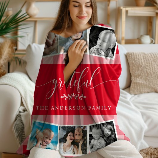 Dankbare Rode Plaid Herfst Familie 6 Fotocollage Fleece Deken