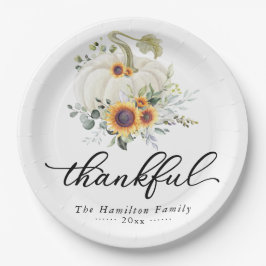 Dankbare Zonnebloemen Witte Pompoen Thanksgiving Papieren Bordje