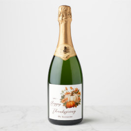 Dankdag Dinner Pompoen Bloem Schrift Wit Sparkling Wijnetiket