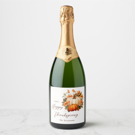 Dankdag Dinner Pompoen Bloem Schrift Wit Sparkling Wijnetiket (Voorkant)