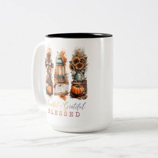 Dankful Grateful Blessed Tweekleurige Koffiemok (Voorkant links)