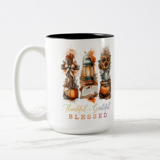 Dankful Grateful Blessed Tweekleurige Koffiemok (Links)