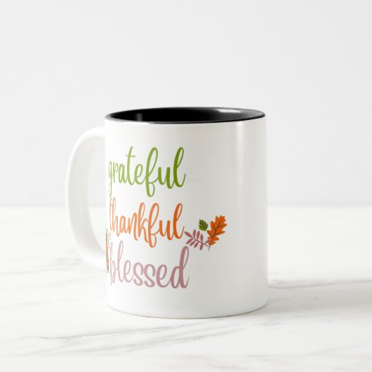 Dankful Grateful Blessed Tweekleurige Koffiemok (Voorkant links)