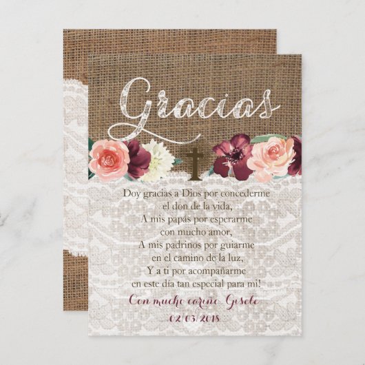Dankgebed kaart in het Spaans voor de Doop (Voorkant / Achterkant)