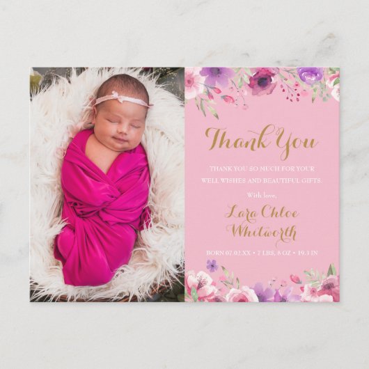 Dankjewel babymeisje foto script roze bloemen gebo aankondigingskaart (Voorkant)