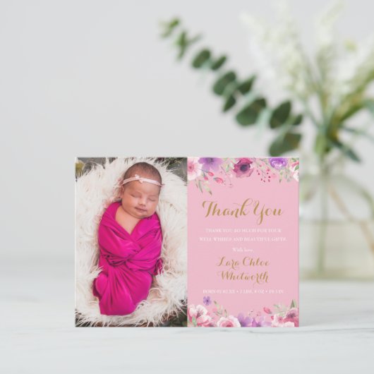 Dankjewel babymeisje foto script roze bloemen gebo aankondigingskaart (Staand voorkant)