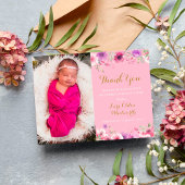 Dankjewel babymeisje foto script roze bloemen gebo aankondigingskaart