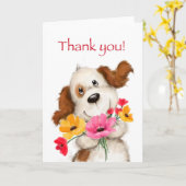 Dankjewel kaart, schattige hond met een bos bloeme kaart (Gele Bloem)