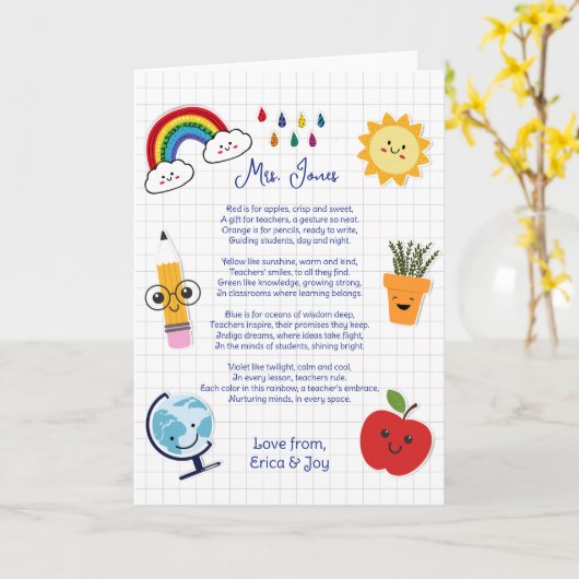 dankjewel leraar appreciatie regenboog wolk gedich kaart (Gele Bloem)