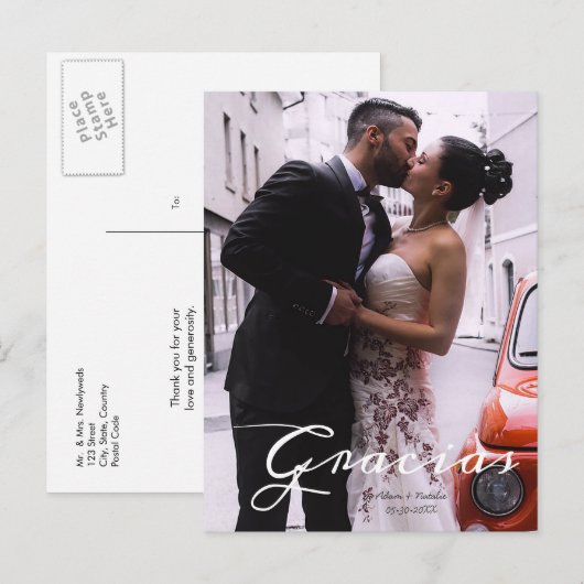 Dankjewel Modern Spaans Schrift Foto Namen & datum Aankondigingskaart (Voorkant / Achterkant)