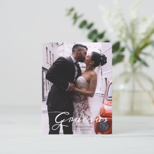 Dankjewel Modern Spaans Schrift Foto Namen & datum Aankondigingskaart (Staand voorkant)