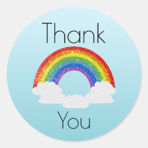Dankjewel Regenboog Glitters op Blauwe Gradiënt Ronde Sticker