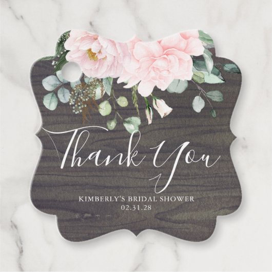 Dankjewel Roze Bloemen Rustieke Houten Bruidsdouch Bedankjes Labels (Voorkant)