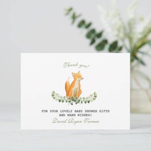 Dankjewel voor de babyborrel voor jongen Zoete Vos Bedankkaart (Staand voorkant)