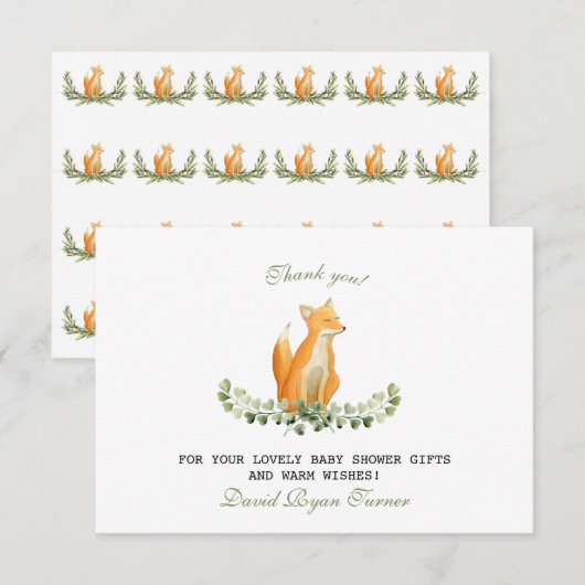 Dankjewel voor de babyborrel voor jongen Zoete Vos Bedankkaart (Voorkant / Achterkant)