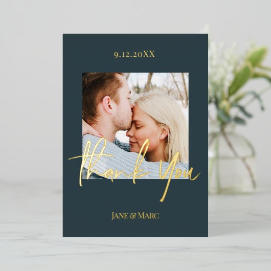 Dankkaart Trouwen Donkerblauw Goud Folie Kaarten (Staand Voorkant)