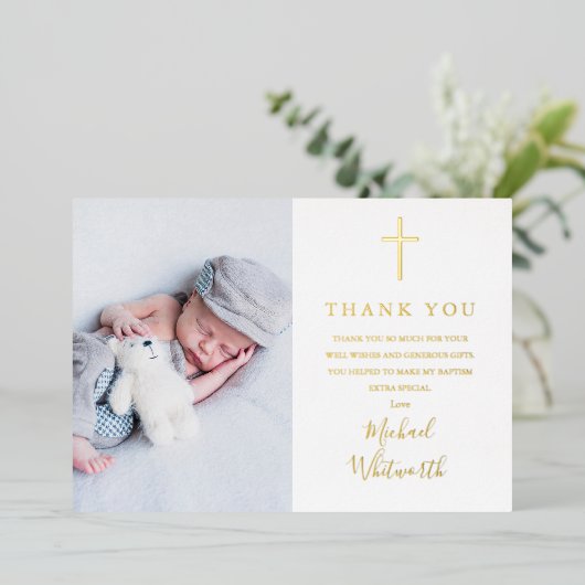 Dankkaart voor doopfoto met goudkleurig schrift folie uitnodiging (Staand Voorkant)