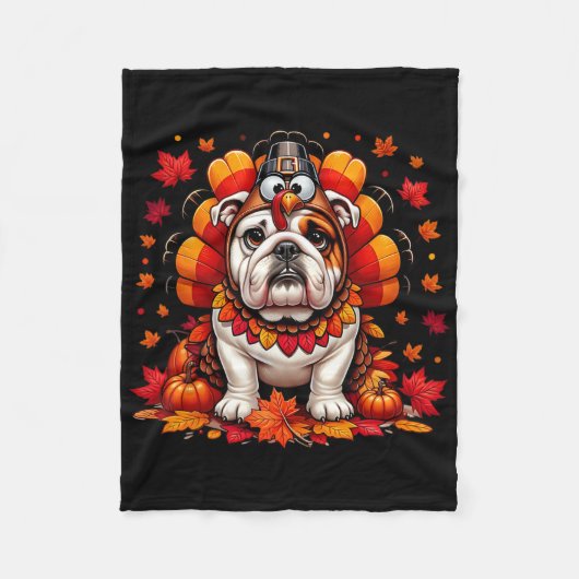 Danksgiving Engelse Bulldog Herfstbladeren Herfst Fleece Deken (Voorkant)