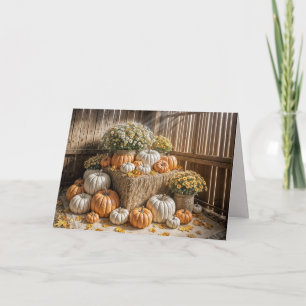 Dankzegging Herfst Pompoenen en Mums In een Schuur Kaart