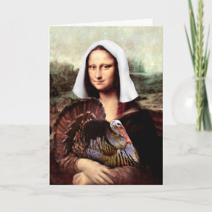 Dankzegging Mona Lisa Pelgrim met Kalkoen Feestdagen Kaart